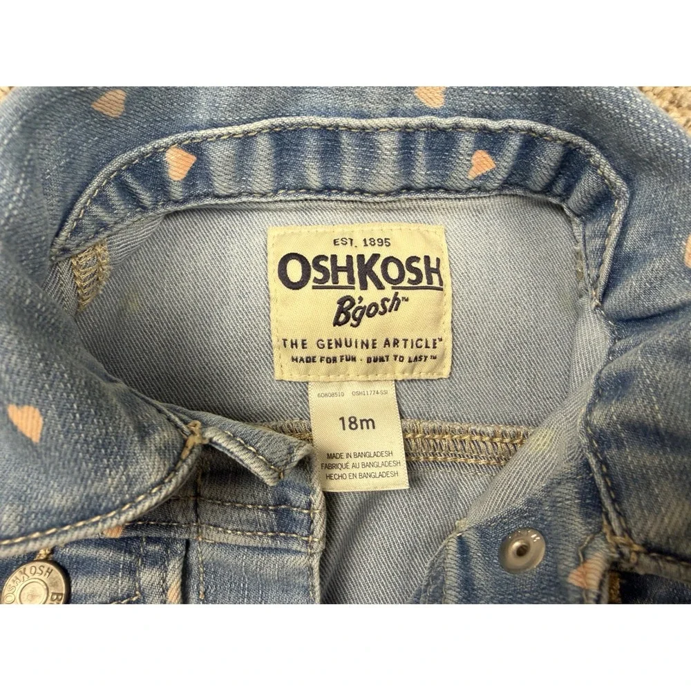 OshKosh B'gosh Denim Jacket Kids 18M Light Blue Excellent Heart Print Snap Front